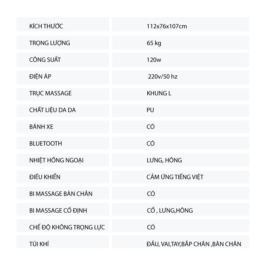 Thông số kỹ thuật ghế massage INOCHI IH - 550